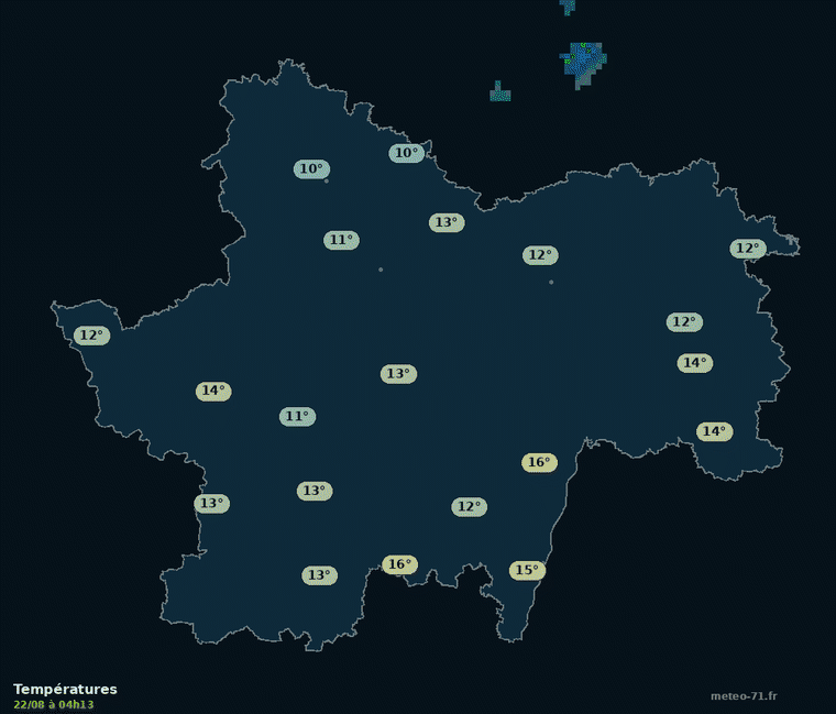 Aperçu animé : températures, rafales et cumul de pluie sur 24 heures en Saône-et-Loire